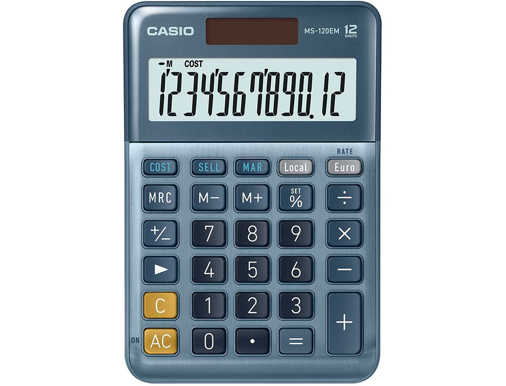 CALCULATRICE CASIO BUREAU MS120EM GRAN ECRAN 12 CHIFFRES EURO CONVERTISSEUR MEMOIRE SOLAIRE/PILE COULEUR