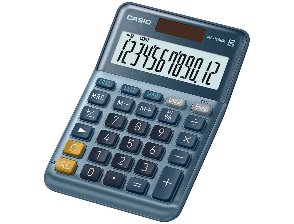 CALCULATRICE CASIO BUREAU MS120EM GRAN ECRAN 12 CHIFFRES EURO CONVERTISSEUR MEMOIRE SOLAIRE/PILE COULEUR