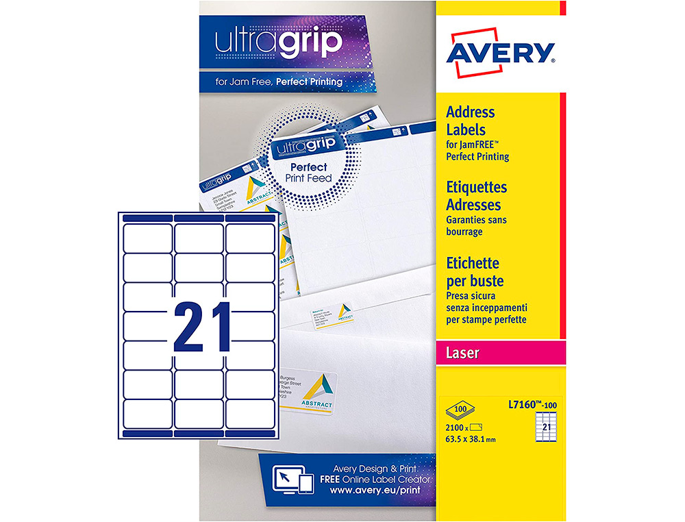 ETIQUETTE AUTOCOLLANTE AVERY ADRESSE LASER BLANC 63,5 X    72MM BOITE DE 1200
