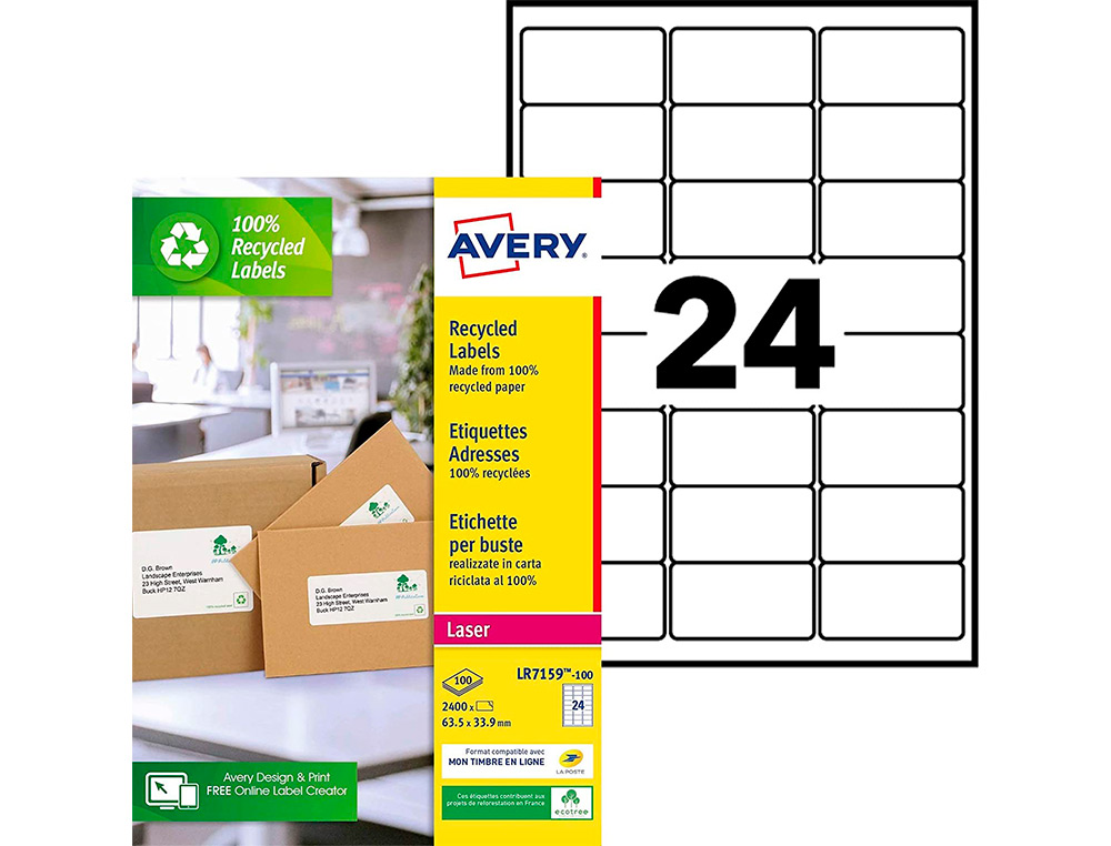 ETIQUETTE AUTOCOLLANTE AVERY ADRESSE RECYCLEE LASER BLANC 63,5 X 33,9 MM BOITE DE 2400