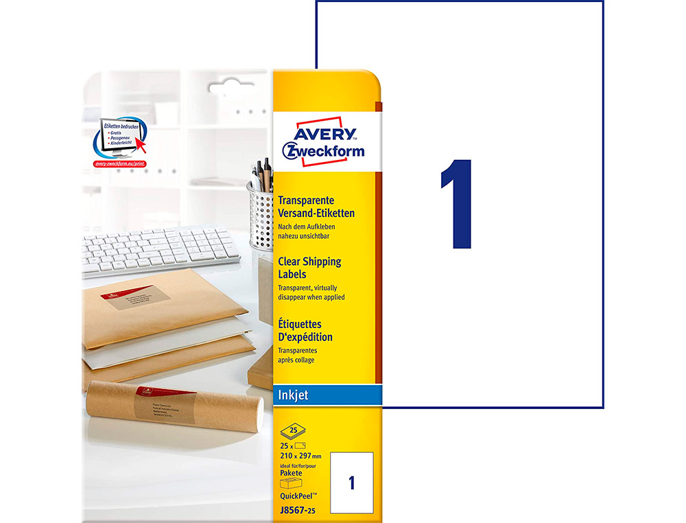ETIQUETTE AUTOCOLLANTE AVERY ADRESSE JET ENCRE TRANSPARENT 210 X 297MM BOITE DE 25