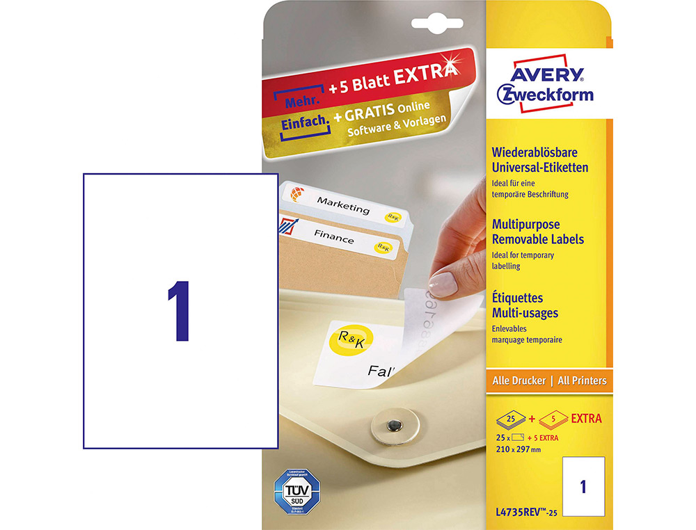 ETIQUETTE ENLEVABLE AVERY ILC BLANC 210 X 297 MM BOITE DE   25