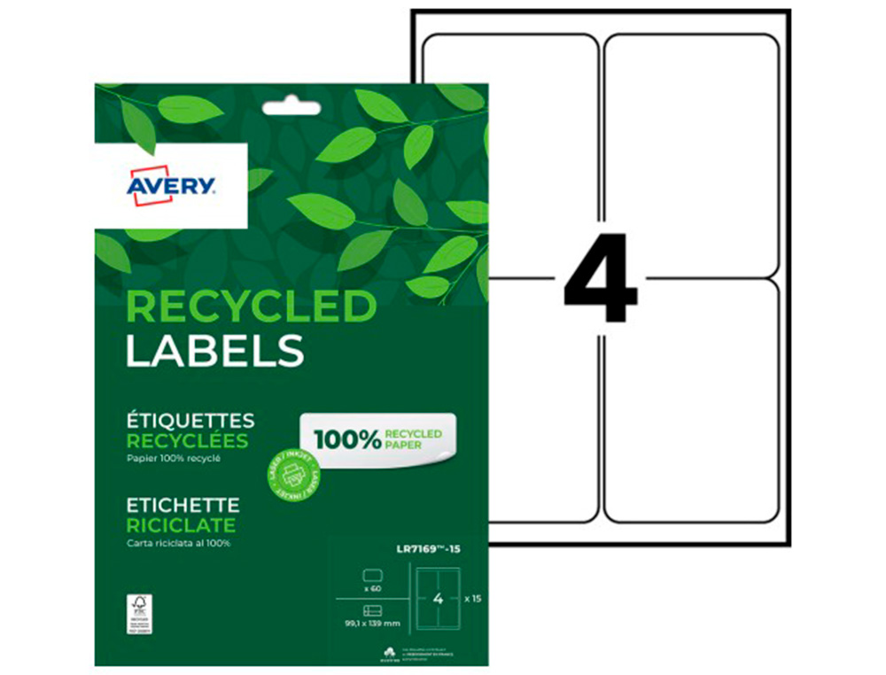 ETIQUETTE AUTOCOLLANTE AVERY ADRESSE RECYCLEE LASER BLANC  99,1 X 139MM BOITE DE 60