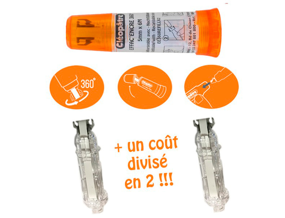 EFFACEUR D'ENCRE CLEOPATRE CORRECTEUR RECHARGEABLE AVEC TETE ROTATIVE 360 . DIMENSION 6M X5 MM