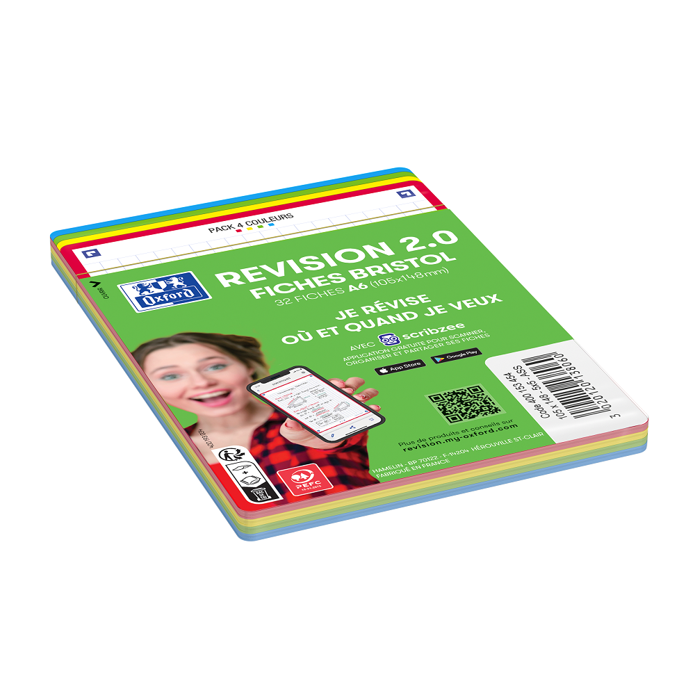 FICHES BRISTOL OXFORD REVISION 2.0 A6 NON PERFOREE 32 FICHES/FILM Q5X5 COULEURS ASSORTIES