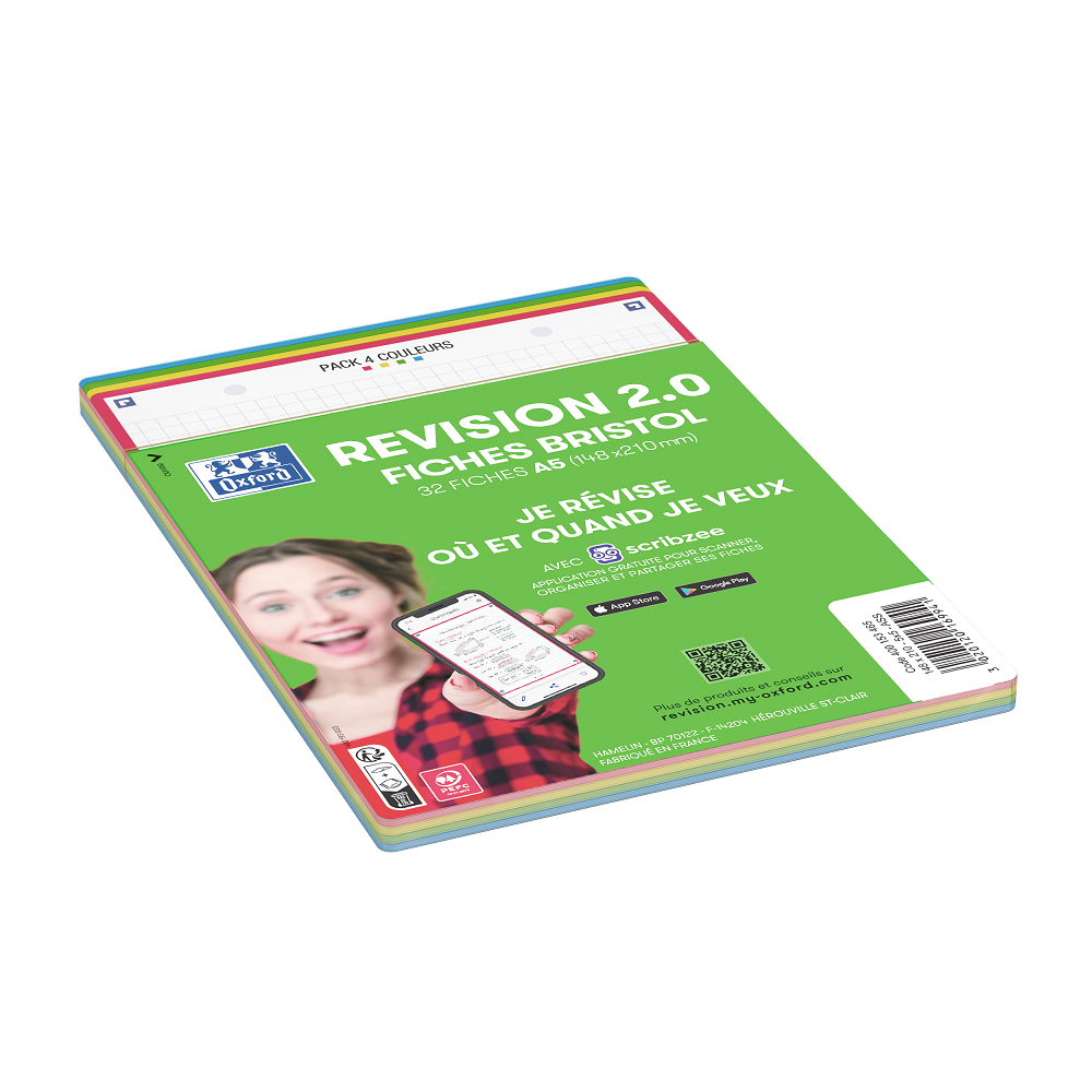 FICHES BRISTOL OXFORD REVISION 2.0 A5 PERFOREE 32 FICHES/FILM Q5X5 COULEUR ASSORTIES