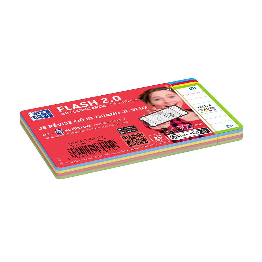 FICHES BRISTOL OXFORD FLASH 2.0 75X125MM 32 FICHES/FILM L7MM COULEUR ASSORTIES