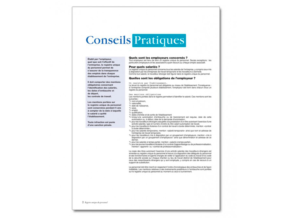 REGISTRE UNIQUE DU PERSONNEL (SALARI S ET STAGIAIRES) - FORMAT : 21 X 29,7 CM - 76 PAGES + 4 DE COUVERTURE