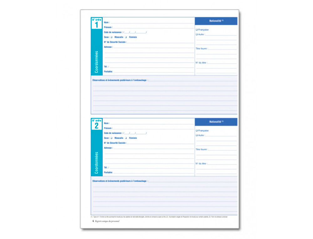 REGISTRE UNIQUE DU PERSONNEL (SALARI S ET STAGIAIRES) - FORMAT : 21 X 29,7 CM - 76 PAGES + 4 DE COUVERTURE