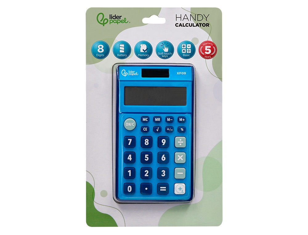 CALCULATRICE DE POCHE LIDERPAPEL XF09 8 CHIFFRES SOLAIRE ET PILES 115X65X8 MM COLORIS BLEU