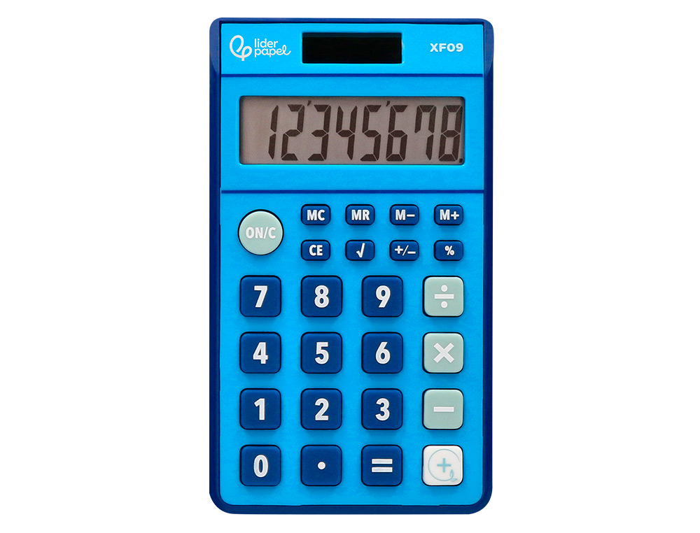 CALCULATRICE DE POCHE LIDERPAPEL XF09 8 CHIFFRES SOLAIRE ET PILES 115X65X8 MM COLORIS BLEU