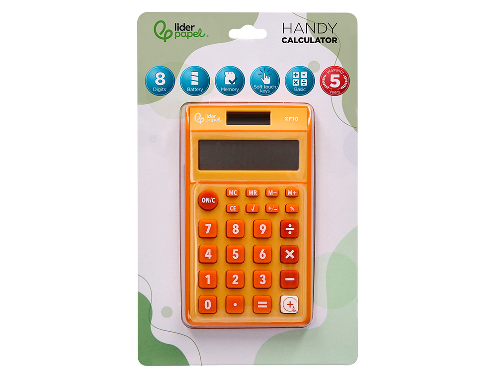CALCULATRICE DE POCHE LIDERPAPEL XF10 8 CHIFFRES SOLAIRE ET PILES 115X65X8 MM COLORIS ORANGE