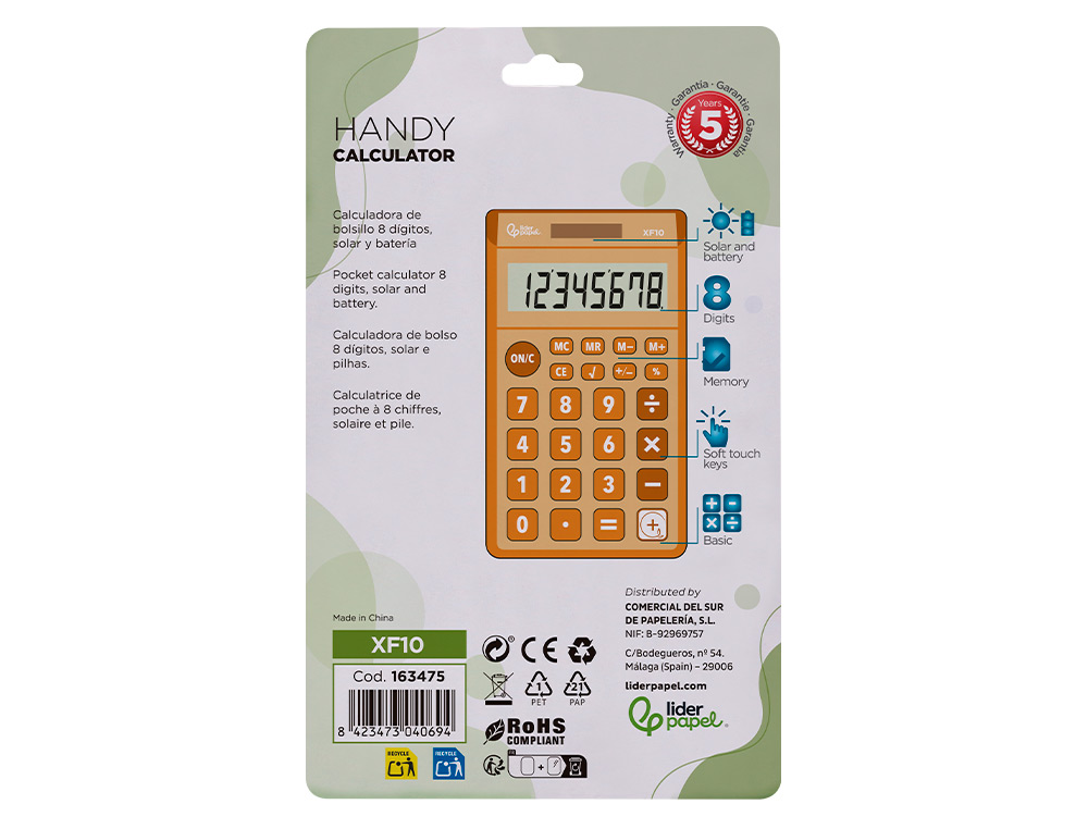CALCULATRICE DE POCHE LIDERPAPEL XF10 8 CHIFFRES SOLAIRE ET PILES 115X65X8 MM COLORIS ORANGE