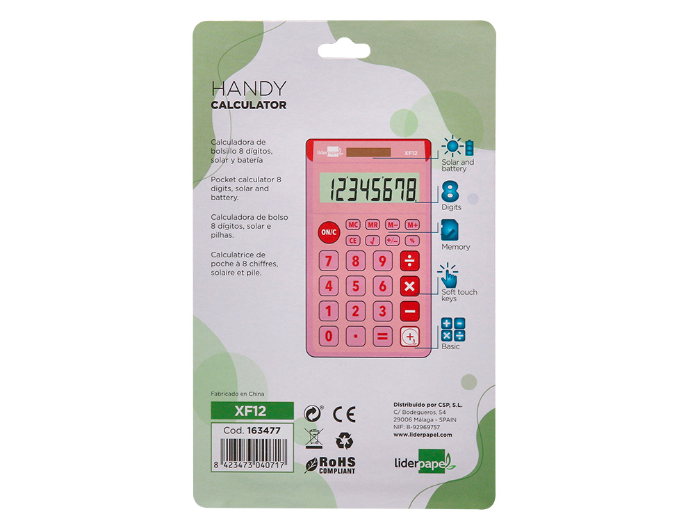 CALCULATRICE DE POCHE LIDERPAPEL XF12 8 CHIFFRES SOLAIRE ET PILES 115X65X8 MM COLORIS ROSE