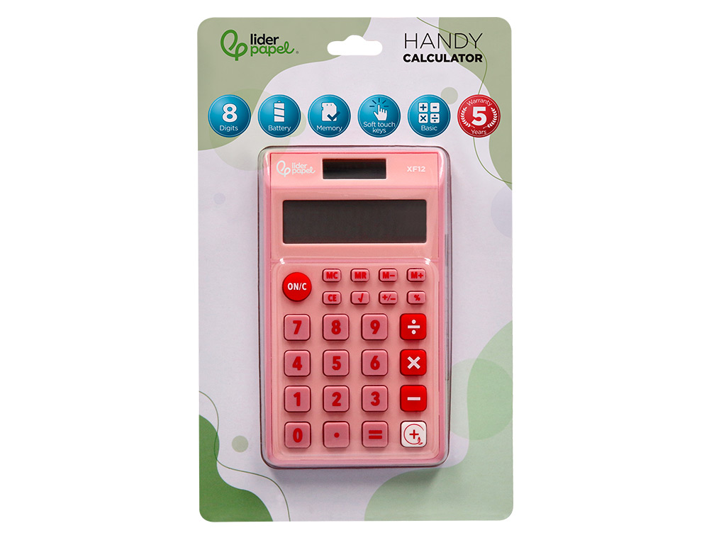 CALCULATRICE DE POCHE LIDERPAPEL XF12 8 CHIFFRES    SOLAIRE ET PILES 115X65X8 MM  COLORIS ROSE