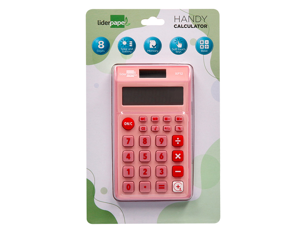 CALCULATRICE DE POCHE LIDERPAPEL XF12 8 CHIFFRES SOLAIRE ET PILES 115X65X8 MM COLORIS ROSE