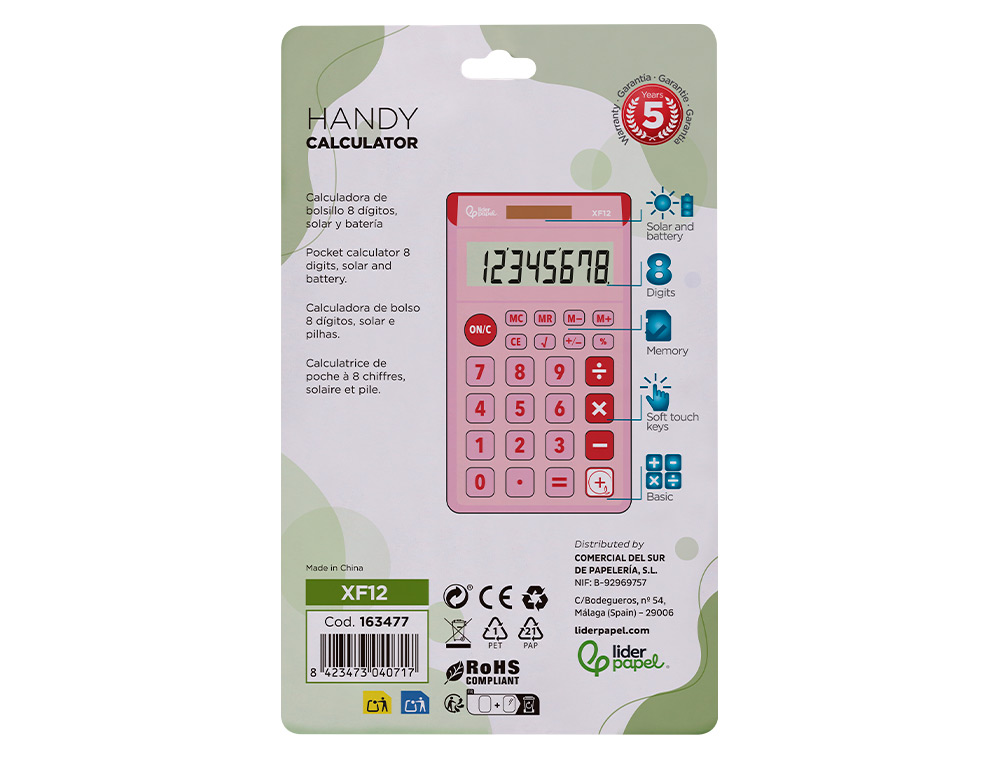CALCULATRICE DE POCHE LIDERPAPEL XF12 8 CHIFFRES    SOLAIRE ET PILES 115X65X8 MM  COLORIS ROSE