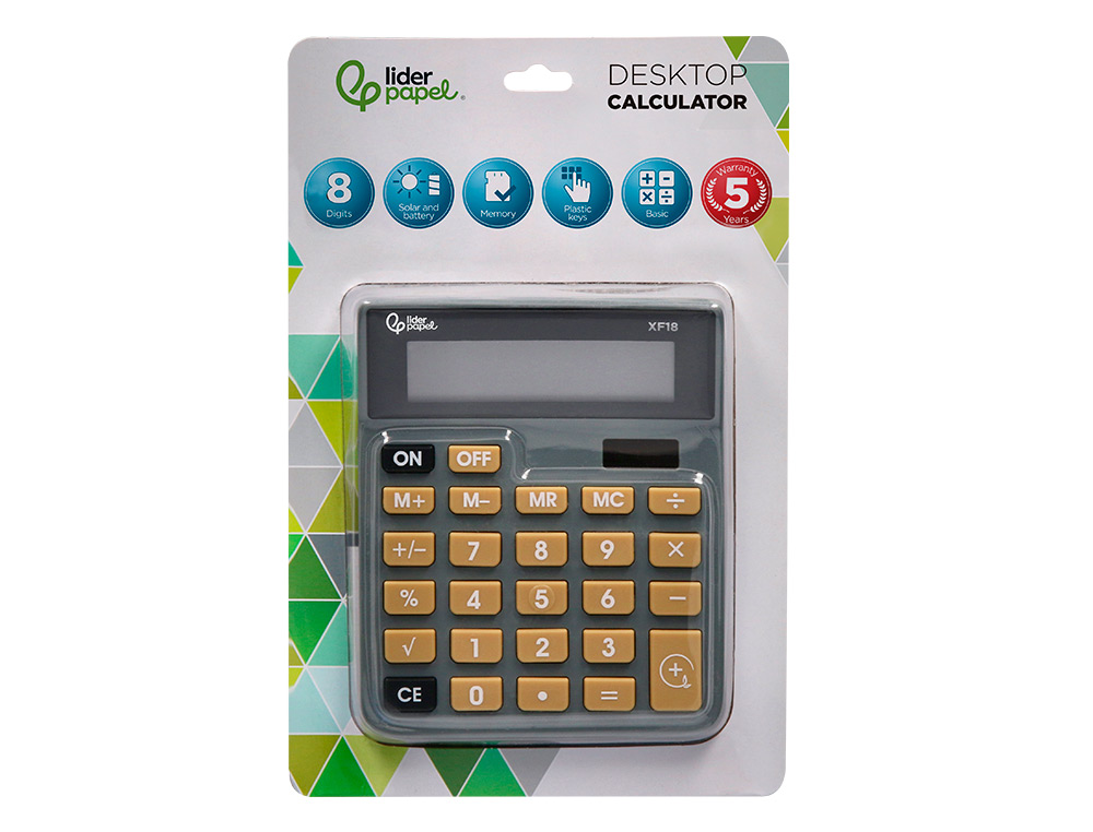 CALCULATRICE DE BUREAU LIDERPAPEL XF18 8 CHIFFRES SOLAIRE ET PILES 127X105X24 MM COLORIS GRIS