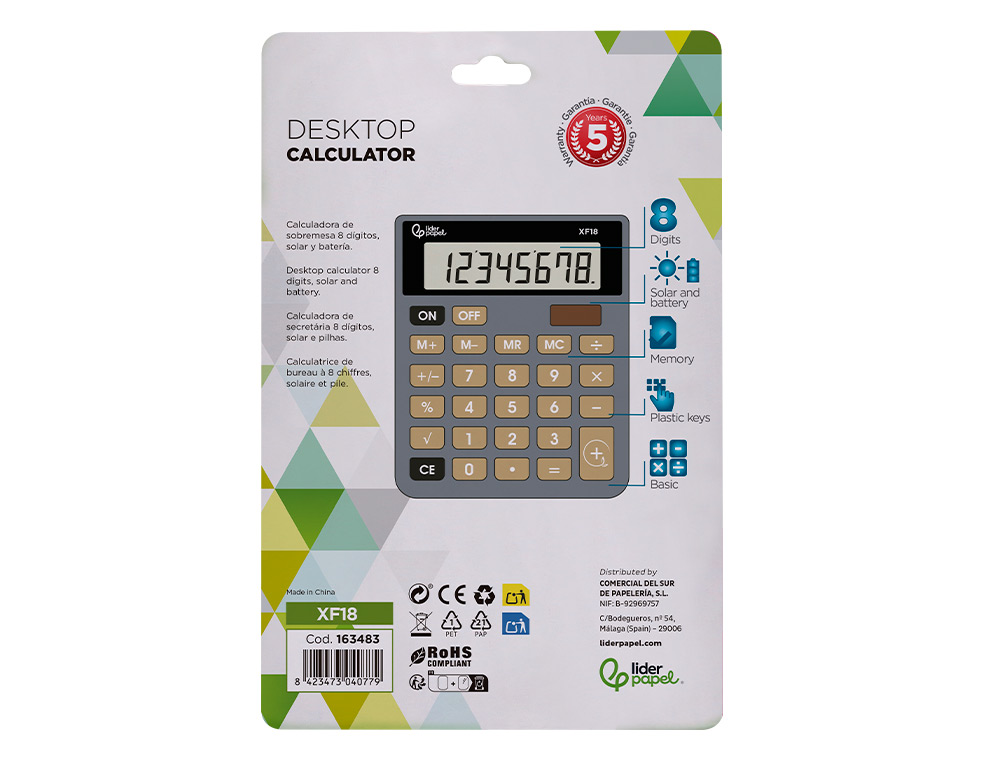 CALCULATRICE DE BUREAU LIDERPAPEL XF18 8 CHIFFRES SOLAIRE ET PILES 127X105X24 MM COLORIS GRIS