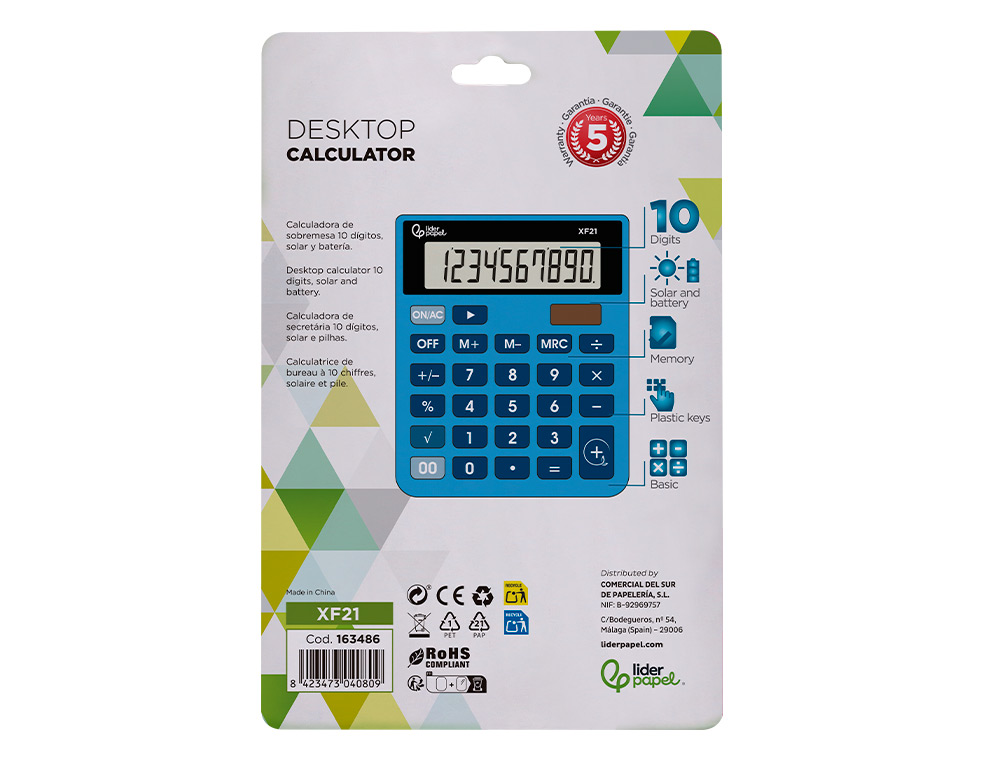 CALCULATRICE DE BUREAU LIDERPAPEL XF21 10 CHIFFRES   SOLAIRE ET PILES 127X105X24   MM COLORIS BLEU