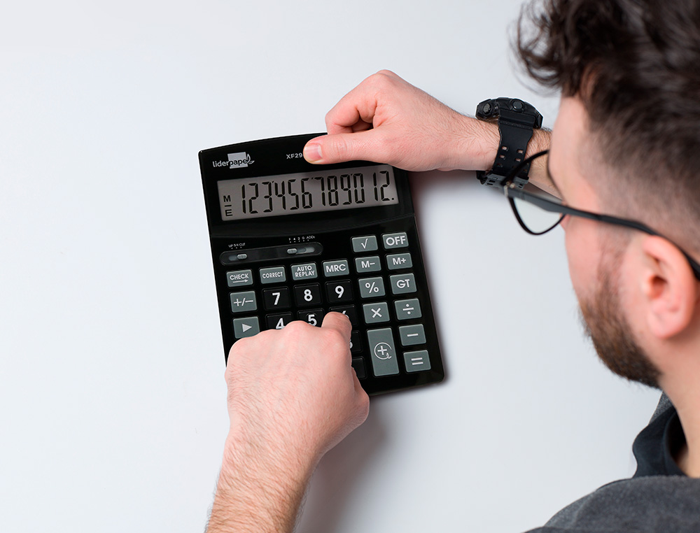 CALCULATRICE DE BUREAU LIDERPAPEL XF29 12 CHIFFRES TAXES SOLAIRE ET PILES COLORIS NOIR 190X140X30 MM