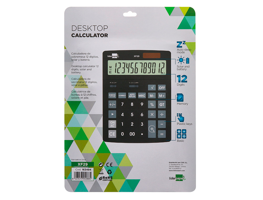 CALCULATRICE DE BUREAU LIDERPAPEL XF29 12 CHIFFRES TAXES SOLAIRE ET PILES COLORIS NOIR 190X140X30 MM