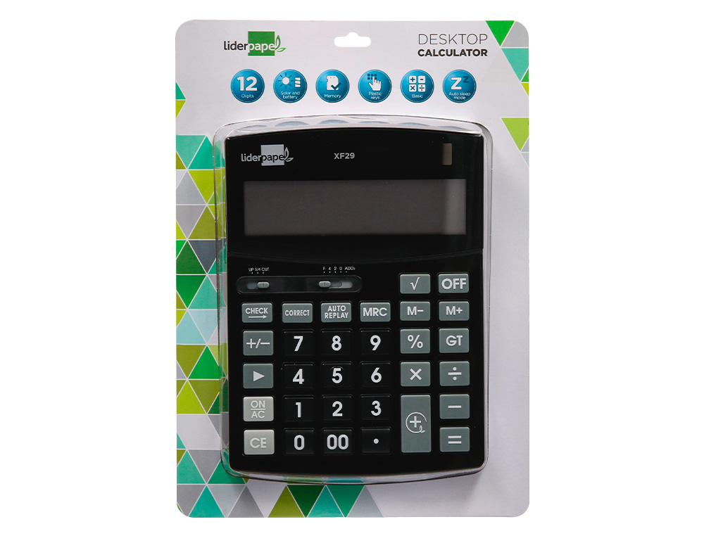 CALCULATRICE DE BUREAU LIDERPAPEL XF29 12 CHIFFRES TAXES SOLAIRE ET PILES COLORIS NOIR 190X140X30 MM