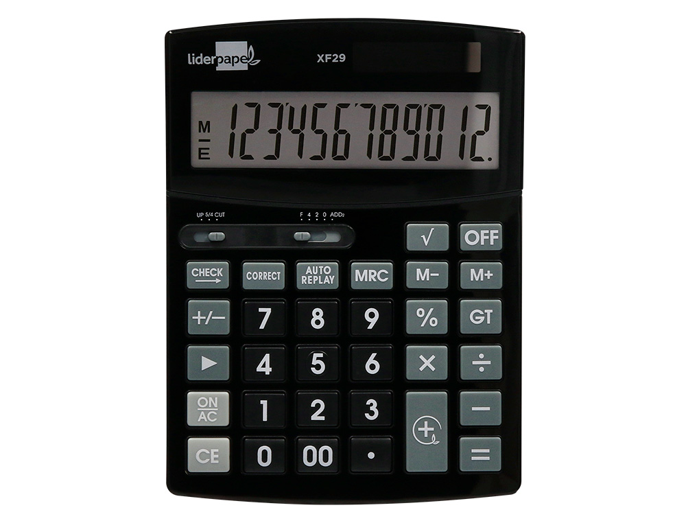 CALCULATRICE DE BUREAU LIDERPAPEL XF29 12 CHIFFRES TAXES SOLAIRE ET PILES COLORIS NOIR 190X140X30 MM
