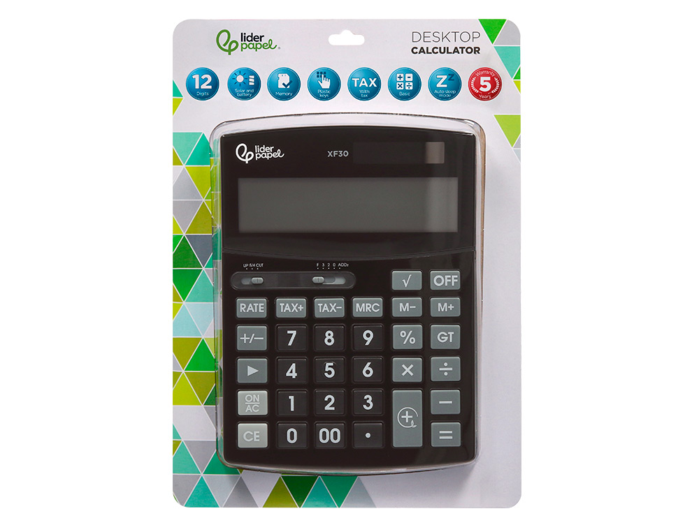 CALCULATRICE DE BUREAU LIDERPAPEL XF30 12 CHIFFRES   CORRECT AUTO-REPLAY SOLAIRE   ET PILES COLORIS NOIR