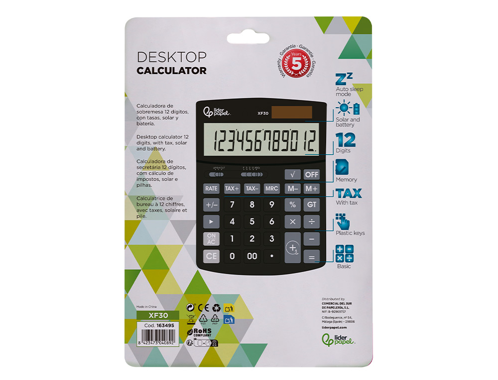 CALCULATRICE DE BUREAU LIDERPAPEL XF30 12 CHIFFRES   CORRECT AUTO-REPLAY SOLAIRE   ET PILES COLORIS NOIR