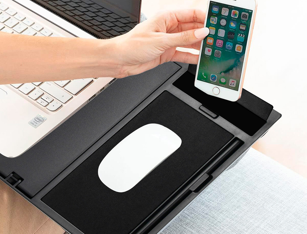 SUPPORT Q-CONNECT ORDINATEUR PORTABLE TAPIS DE SOURIS ET SUPPORT TELEPHONE 7 REGLAGES EN HAUTEUR COLORIS NOIR