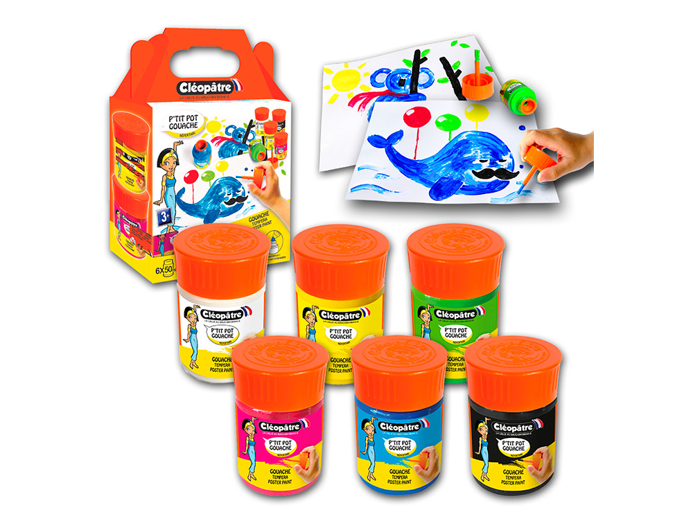 GOUACHE CLEOPATRE LOT DE 6 PTIT POTS DE 50 ML AVEC       PINCEAU ET ENTONNOIR INT GR   COLORIS ASSORTIS