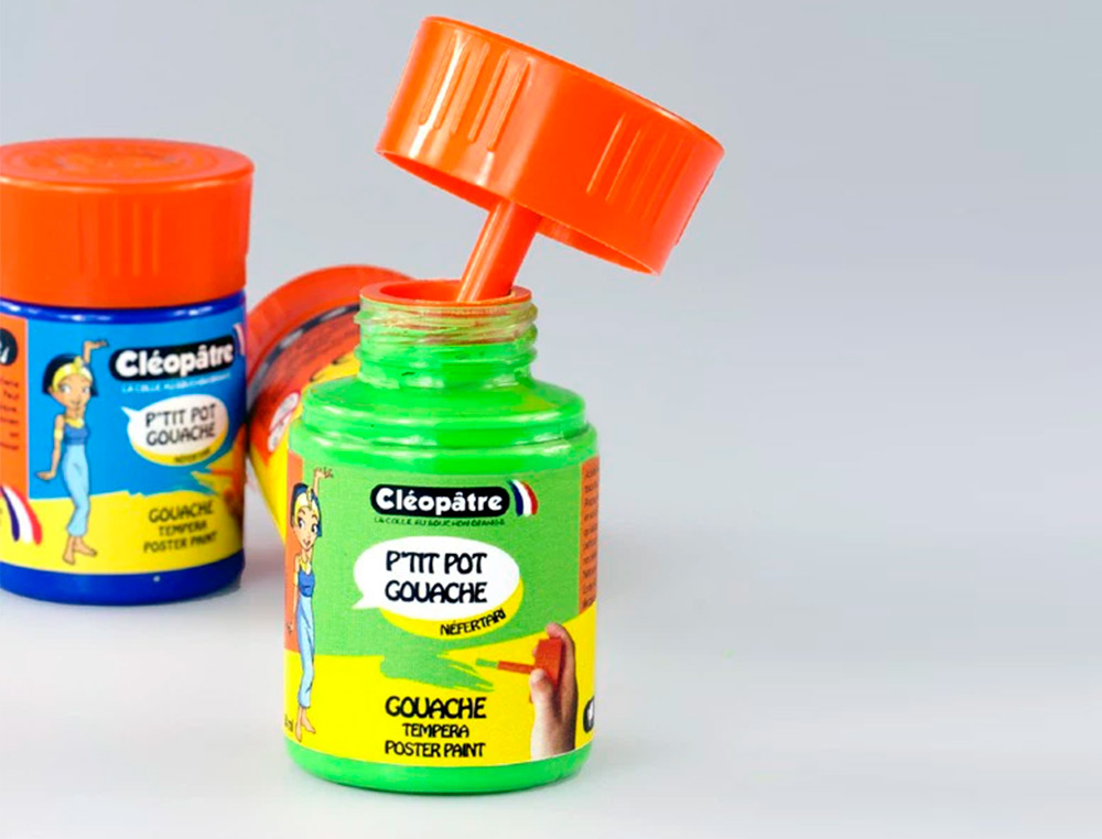 GOUACHE CLEOPATRE LOT DE 6 PTIT POTS DE 50 ML AVEC       PINCEAU ET ENTONNOIR INT GR   COLORIS ASSORTIS