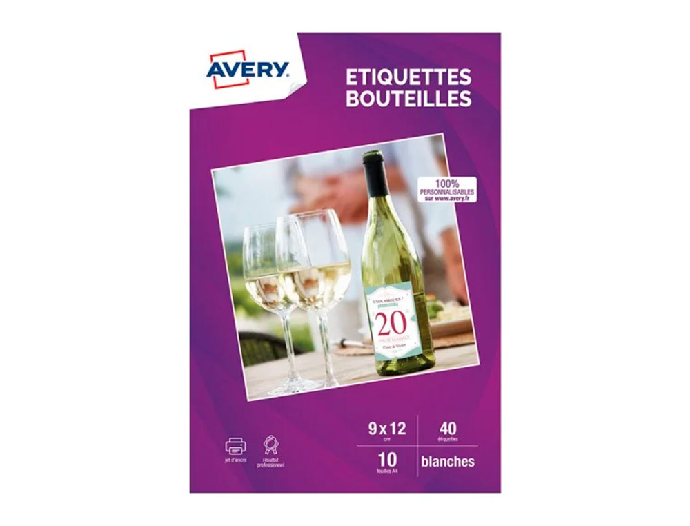 ETIQUETTE AVERY BLANC 12X9CM POUR BOUTEILLE JET D ENCRE PAQUET DE 40