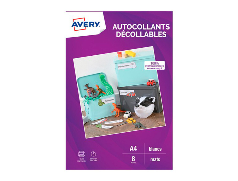 AUTOCOLLANT AVERY DECOLLABLE A4 JET D ENCRE PAQUET DE 8    COLORIS BLANC MAT