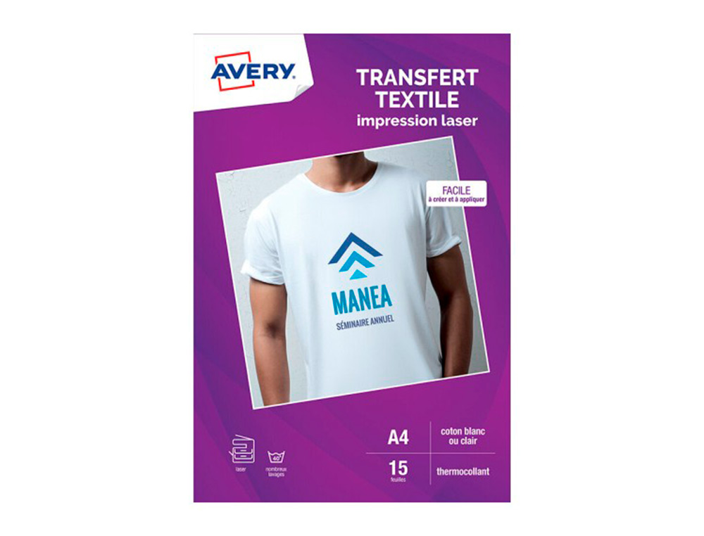 TRANSFERT TEXTILE AVERY A4 LASER PAQUET DE 15 COLORIS BLANC OU CLAIR