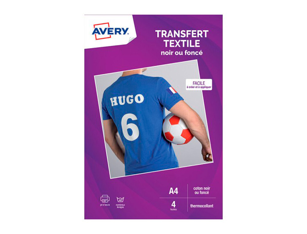 TRANSFERT TEXTILE AVERY A4 JET D ENCRE PAQUET DE 4 COLORIS NOIR OU FONCE