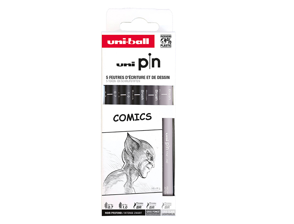 POCHETTE UNI-BALL 5 FEUTRES POINTE CALIBREE 0.7 GC/GF/N   COLORIS NOIR