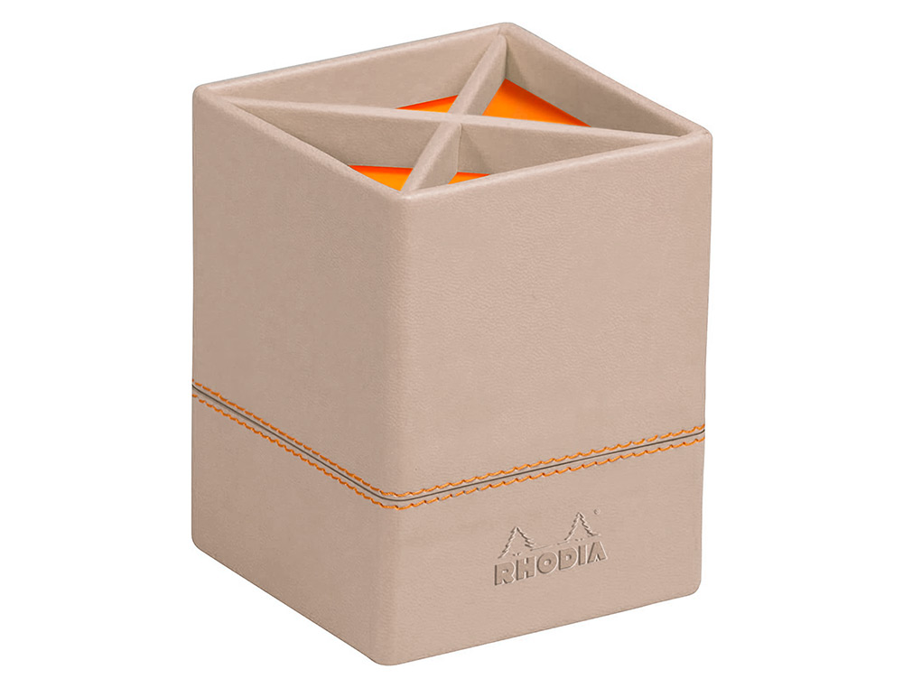 POT   CRAYONS RHODIARAMA QUATRE COMPARTIMENTS EN SIMIL CUIR TAUPE VELOUT  8X8X11CM