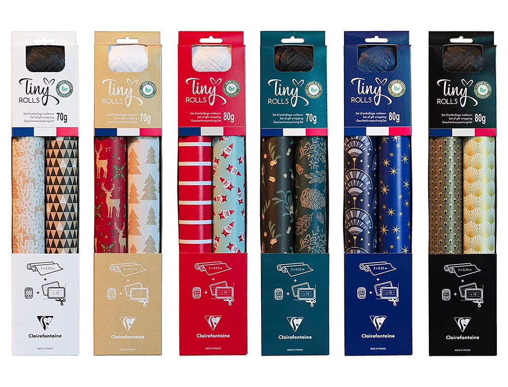 SET D'EMBALLAGE CADEAU  TOILE COMPOS  DE 2 ROULEAUX TINY    ROLLS 5MX0,35CM + 1 ROULEAU   BOLDUC 20M + 10  TIQUETTES
