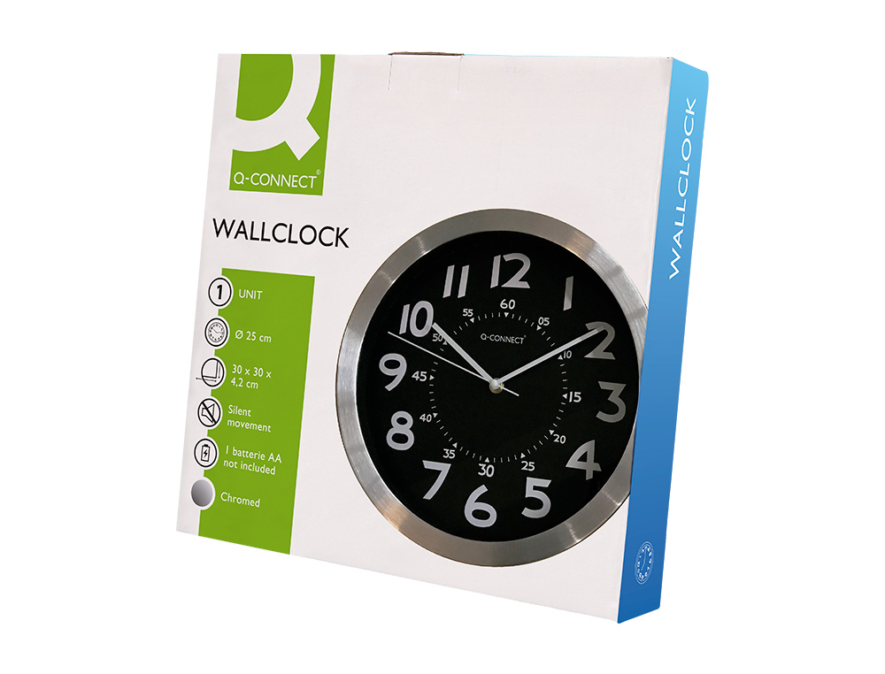HORLOGE Q-CONNECT MURALE METALLIQUE MOUVEMENT          SILENCIEUX DIAMETRE 25 CM     COLORIS CHROME