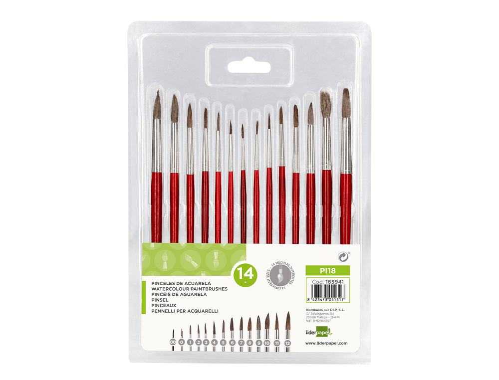 PINCEAU LIDERPAPEL BOIS VIROLE CHROMEE AQUARELLE MODELES ASSORTIS BLISTER DE 14 UN