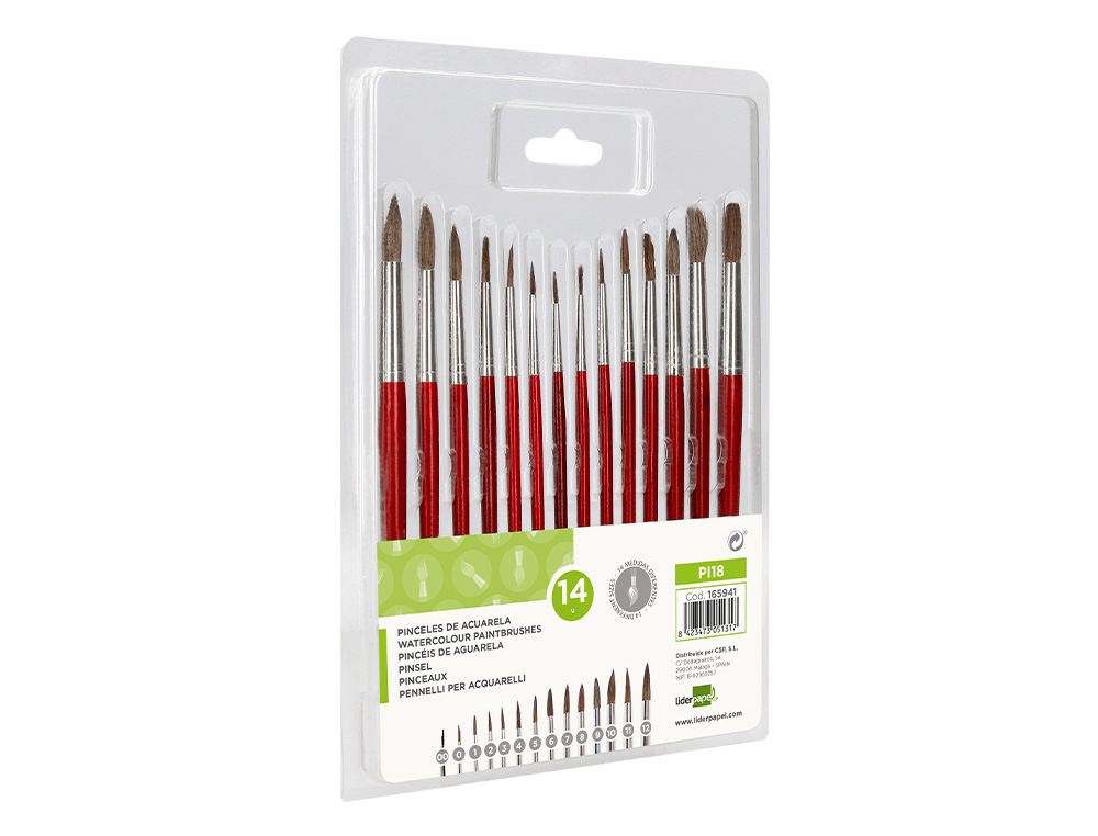 PINCEAU LIDERPAPEL BOIS VIROLE CHROMEE AQUARELLE MODELES ASSORTIS BLISTER DE 14 UN