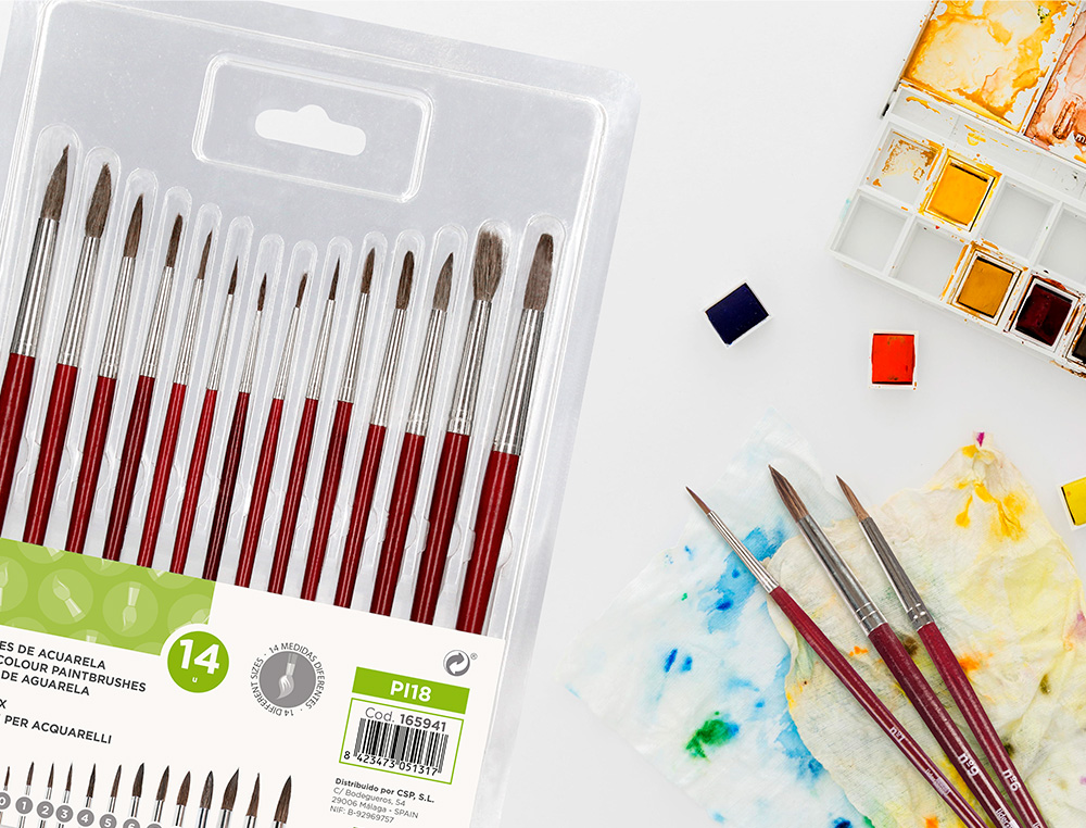 PINCEAU LIDERPAPEL BOIS VIROLE CHROMEE AQUARELLE MODELES ASSORTIS BLISTER DE 14 UN