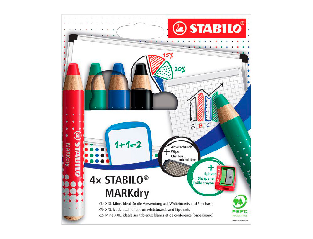 MARQUEUR SABILO BOSS MARKDRY POUR ECRIRE SUR DE TABLEAU    BLANC 4 MARQUEURS 1 TAILLE    CRAYON 1 CHIFFONETTE