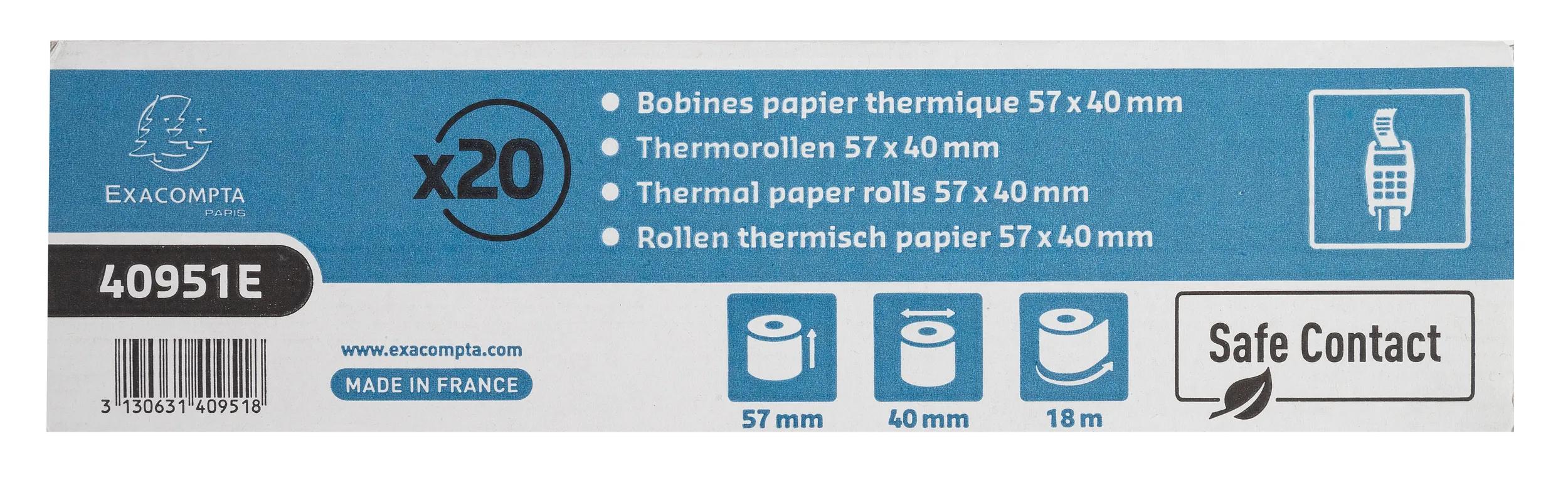 BOBINE THERMIQUE EXACOMPTA EXABLUE TPE 57X40MM 55G LONG. 18M IMPRESSION VERSO TRES LONGUE CONSERVATION BOITE 20 UNITES