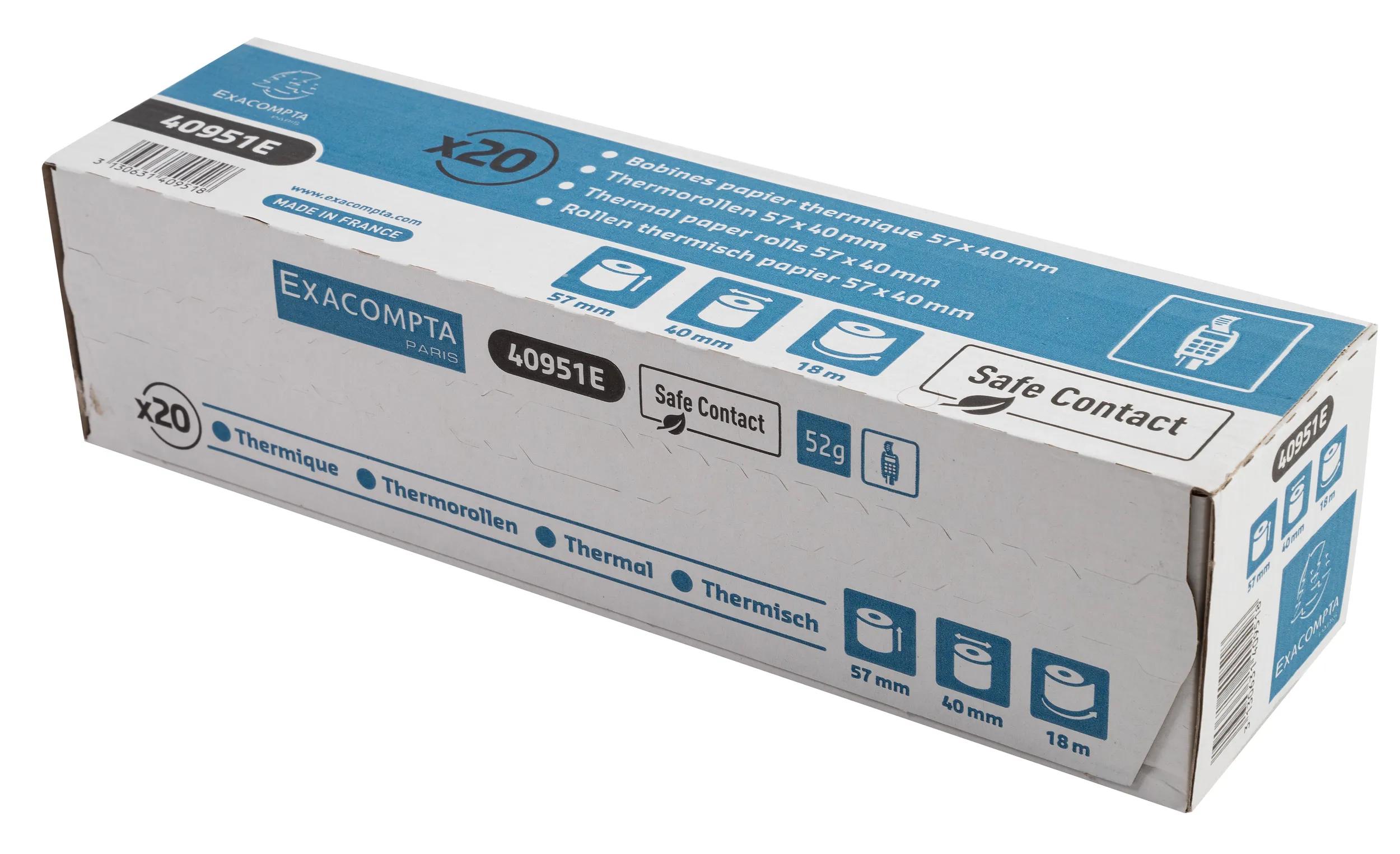 BOBINE THERMIQUE EXACOMPTA EXABLUE TPE 57X40MM 55G LONG. 18M IMPRESSION VERSO TRES LONGUE CONSERVATION BOITE 20 UNITES