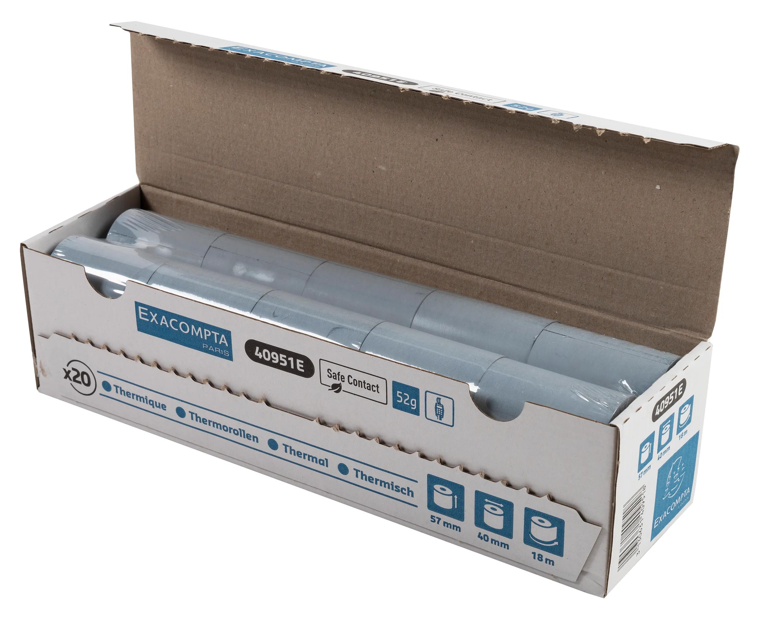 BOBINE THERMIQUE EXACOMPTA EXABLUE TPE 57X40MM 55G LONG. 18M IMPRESSION VERSO TRES LONGUE CONSERVATION BOITE 20 UNITES