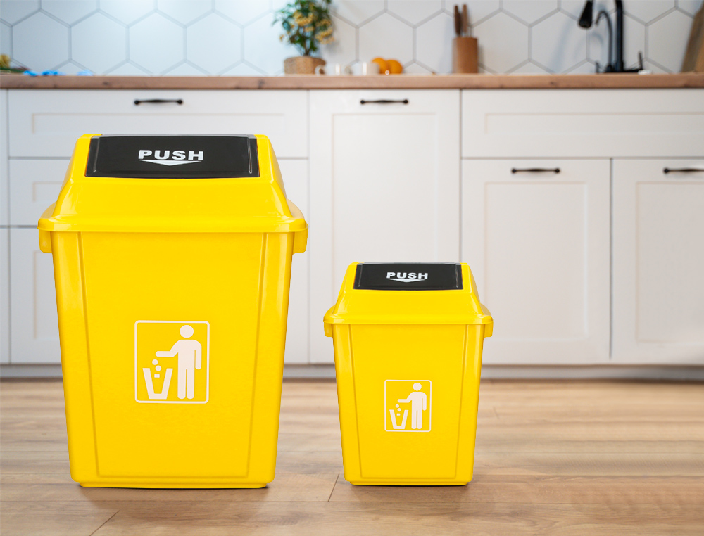 POUBELLE Q-CONNECT PLASTIQUE COUVERCLE BASCULANT 58L 470X330X760MM COLORIS JAUNE