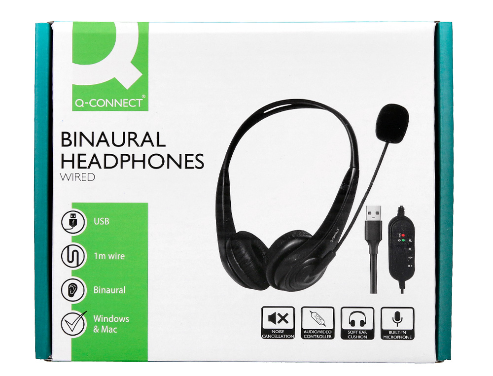 CASQUE Q-CONNECT BIAURAL FILAIRE AVEC MICROPHONE ET CONTROLE DU VOLUME CONNEXION USB CABLE 2M COLORIS NOIR